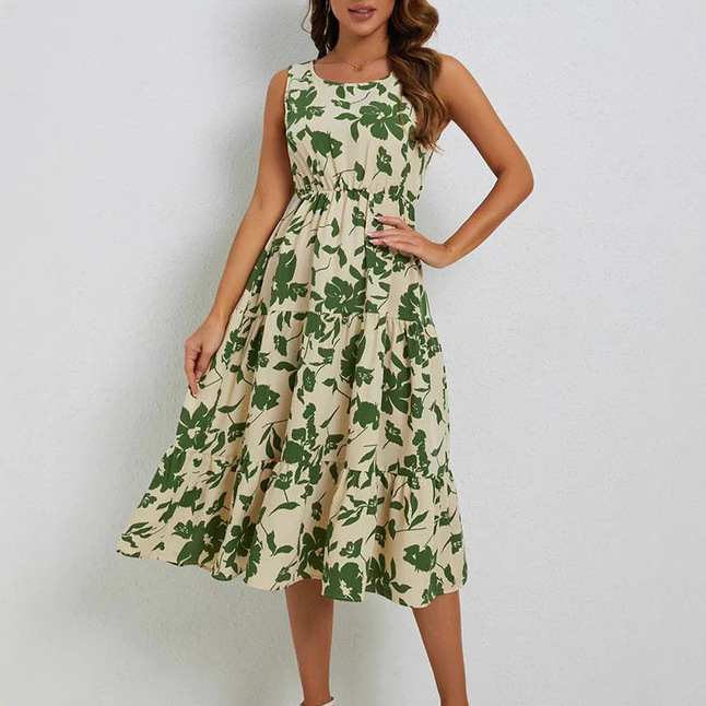 Womens Floral-Print Sleeveless Mid-Length Wrap Dress For Vacation Style