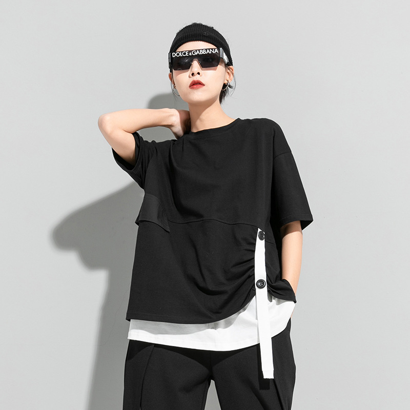 Women's Fashion Fake Two Pieces Color Matching Ribbon Comfortable Short Sleeve T-shirt