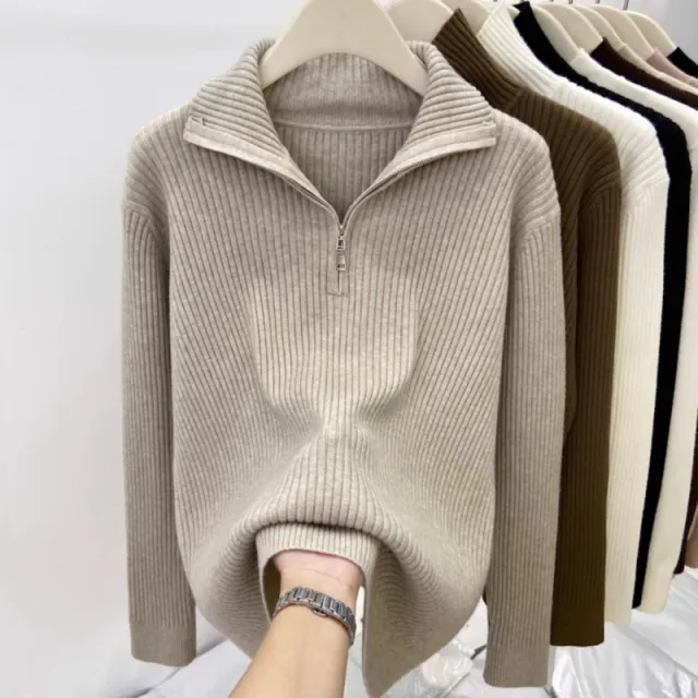 Women's Thick Loose Zip Turtleneck Sweater Oatmeal Color M - Shop at LoveMi