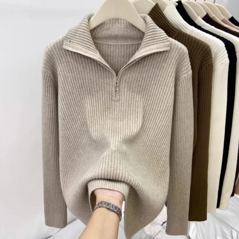 Women's Thick Loose Zip Turtleneck Sweater - Oatmeal Color-M