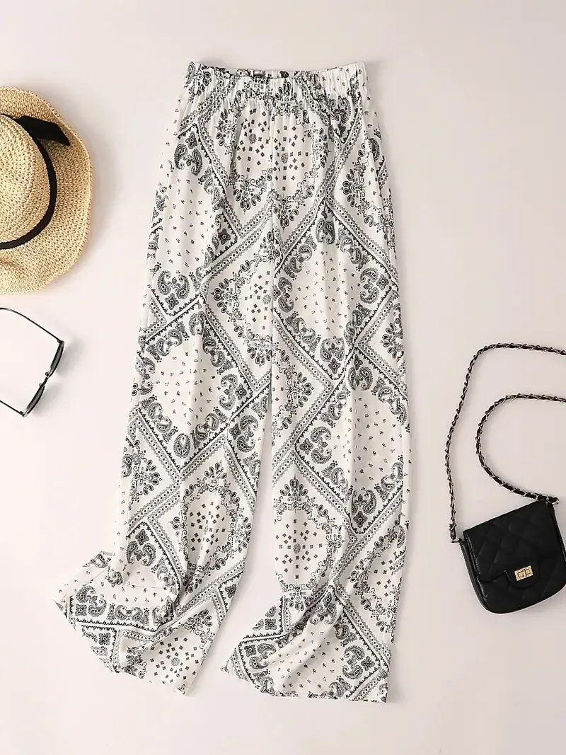 Women's Paisley Scarf Print Wide Leg Bohemian Casual Loose Pants - White