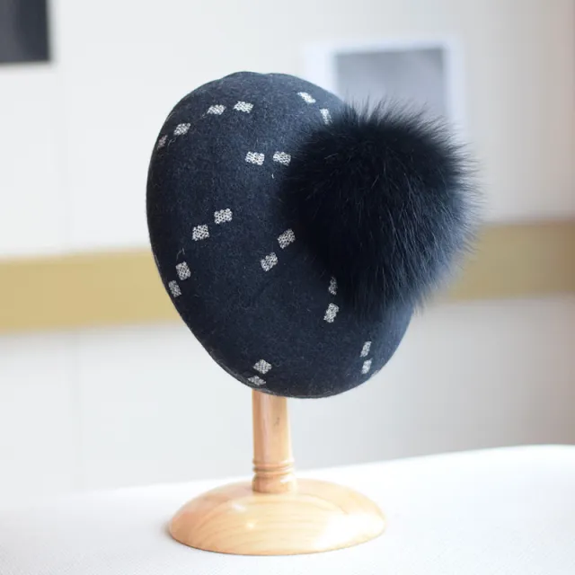Elegant Woolen Gilding Beret Women's Korean Style Fox Fur Ball Vintage Painter Hat Black - Shop at LoveMi