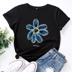 European And American Cotton Loose Round Neck Creative Flower Short Sleeve - Black - View 1