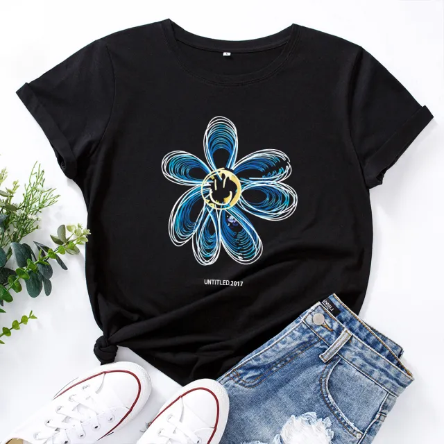 European And American Cotton Loose Round Neck Creative Flower Short Sleeve Black - Shop at LoveMi