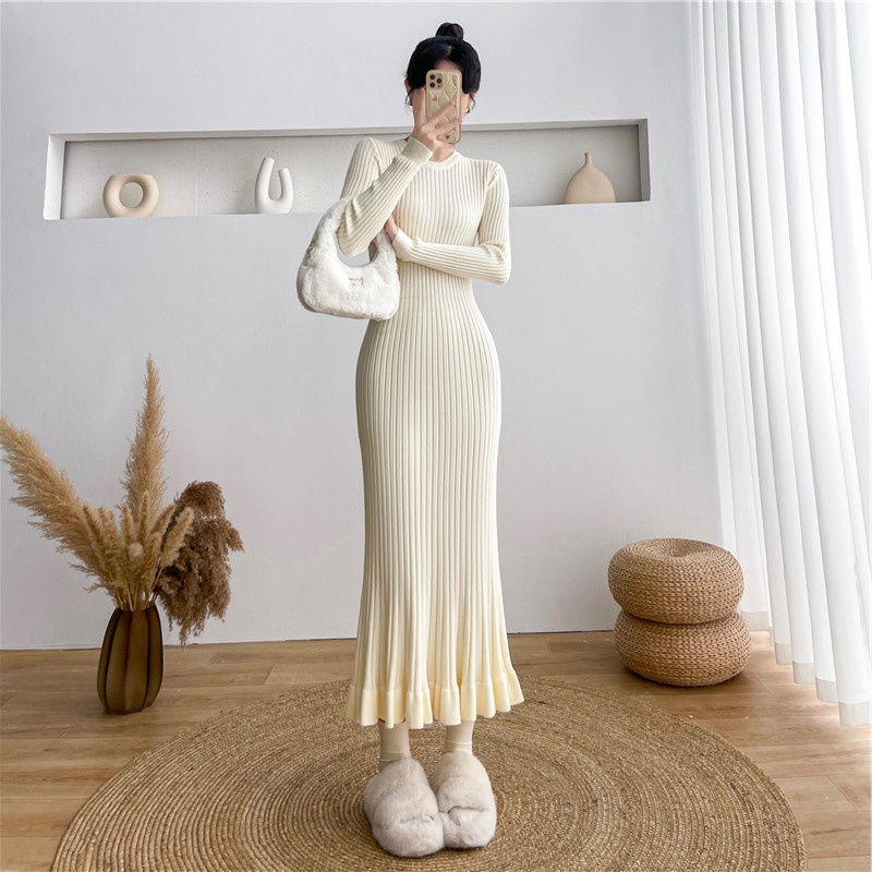 Womens Slimming Figure-Hugging Long-Sleeve Knitted Dress