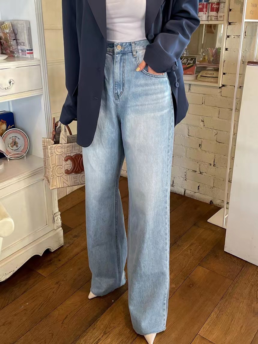 Versatile Heart Printing Design Distressed Draping Wide-leg Washed Jeans