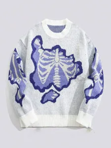 Personality Street Trend Dark Style Skeleton Jacquard Round Neck Pullover Knitted Sweater White - Shop at LoveMi