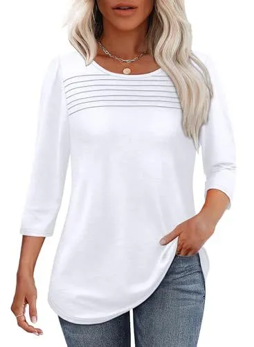 European And American Ladies Autumn And Winter Round Neck Three quarter Sleeve Chest Tuck Line Peplum Top White - Shop at LoveMi