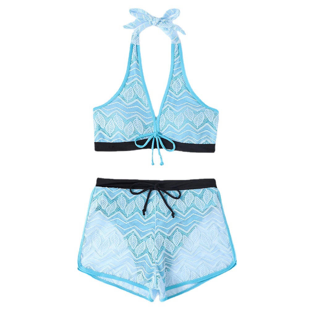 Lace Hollow-out Solid Color Split Plus Size Mesh Swimsuit