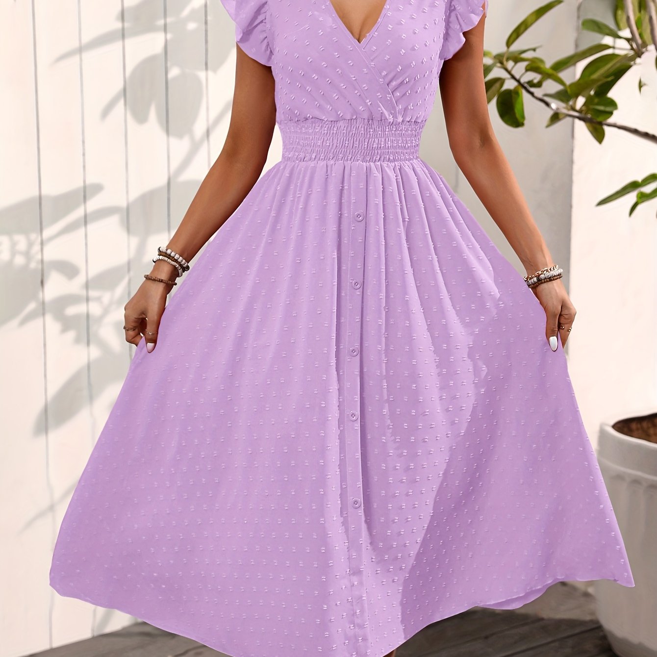 Elegant V neck Ruffled Sleeve Women's Summer Short Sleeve Maxi Dress Purple - Shop at LoveMi