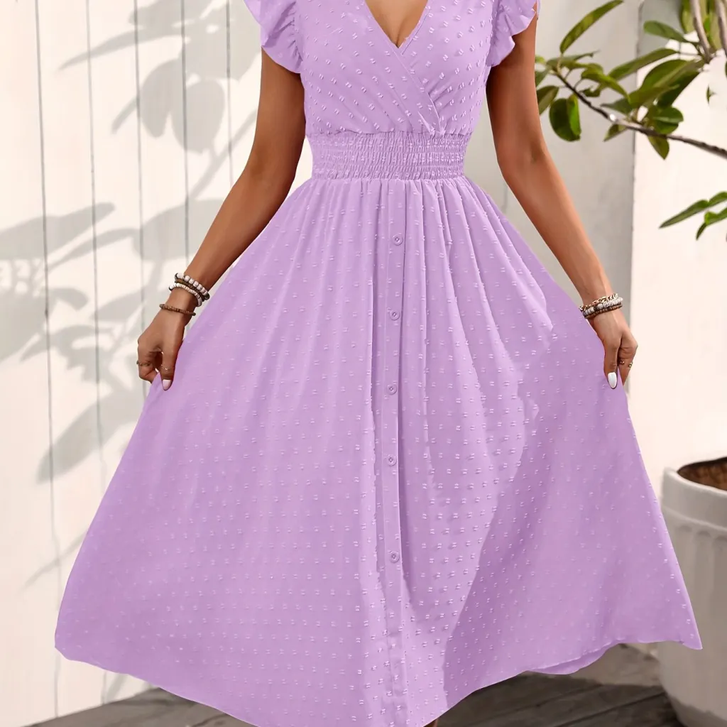 Elegant V-neck Ruffled Sleeve Women's Summer Short Sleeve Maxi Dress - Purple