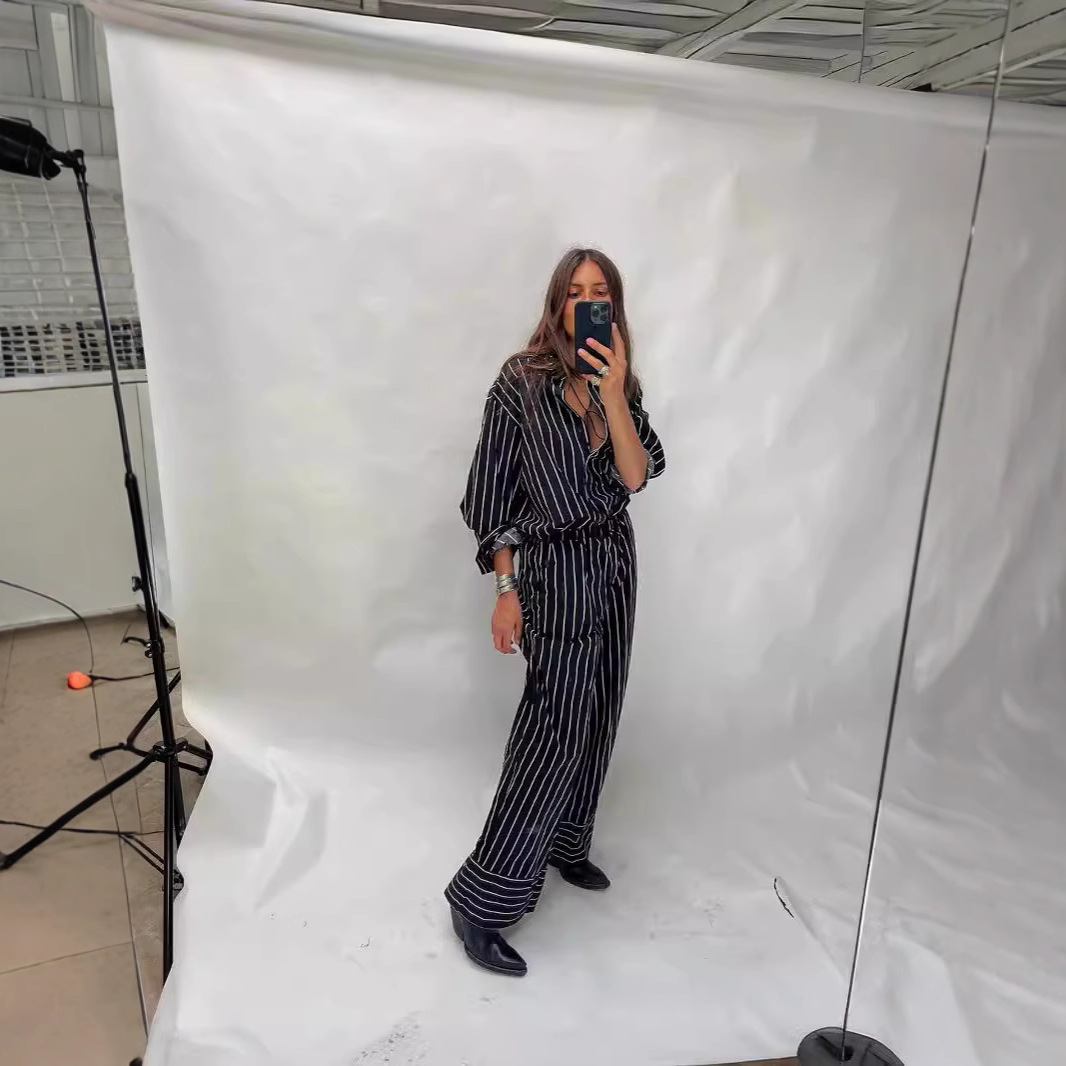 Elegant Style Button Striped Wide-leg Pants Suit