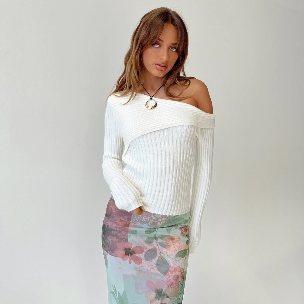 Slim fit Shoulder Lapel Long sleeved Knitted Solid Color Rib Fabric Sweater For Women White - Shop at LoveMi