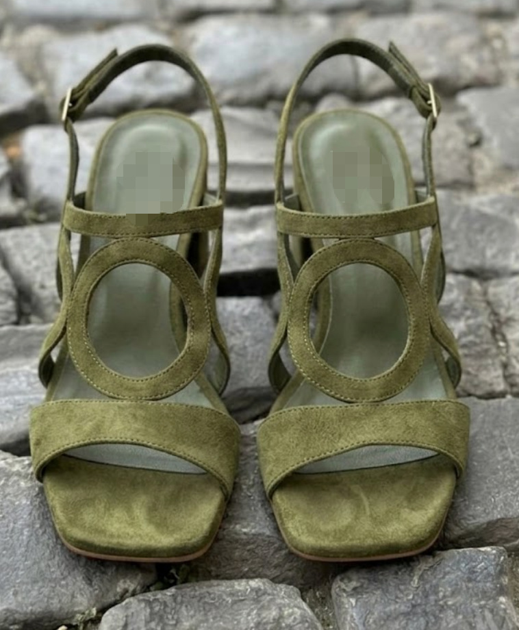 Color: Army Green, Size: 34 - Suede High-heeled Hollow-out Large-size Buckle-strap Womens Sandals