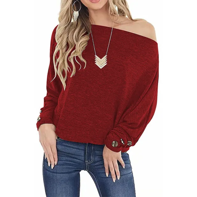 Women's Off shoulder Button Solid Color Long Sleeve Casual T shirt Wine - Shop at LoveMi