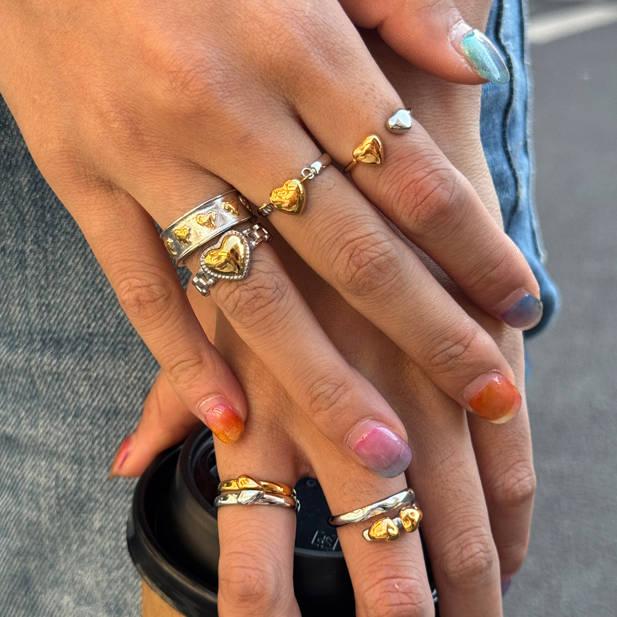 Stainless Steel Heart-Shaped Gold And Silver Two-Tone Ring A Romantic Color-Blocked Gift For Him Or Her