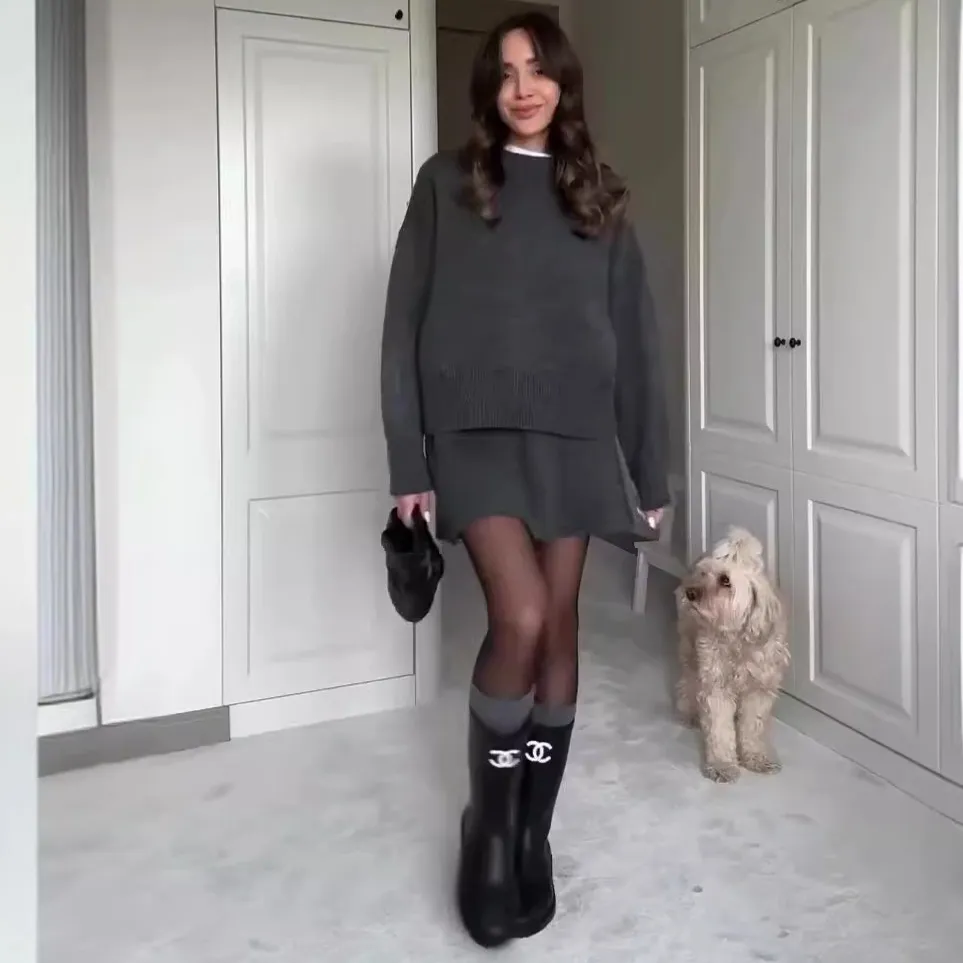Sweater Skirt Sets For Women Knit Casual Versatile Long Sleeve Pullover Elegant Solid High Waist Mini Skirt Outfit - Gray