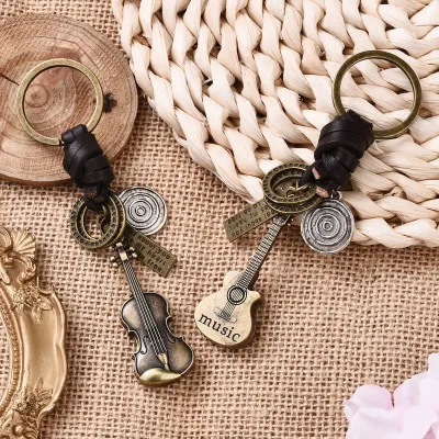 Simple Personality Vintage Guitar Keychain Cowhide Woven Charm Music Lovers