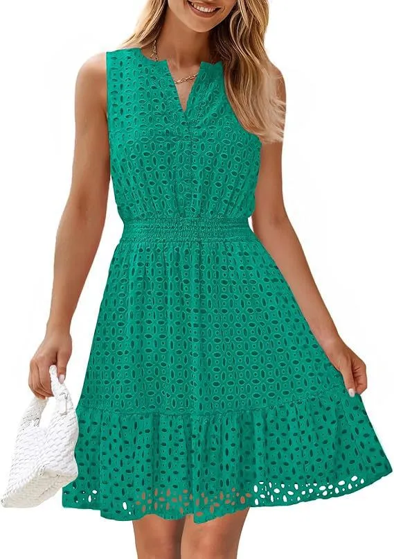 Women's Sleeveless One piece Dress V neck Hollow Out Green2 - Shop at LoveMi