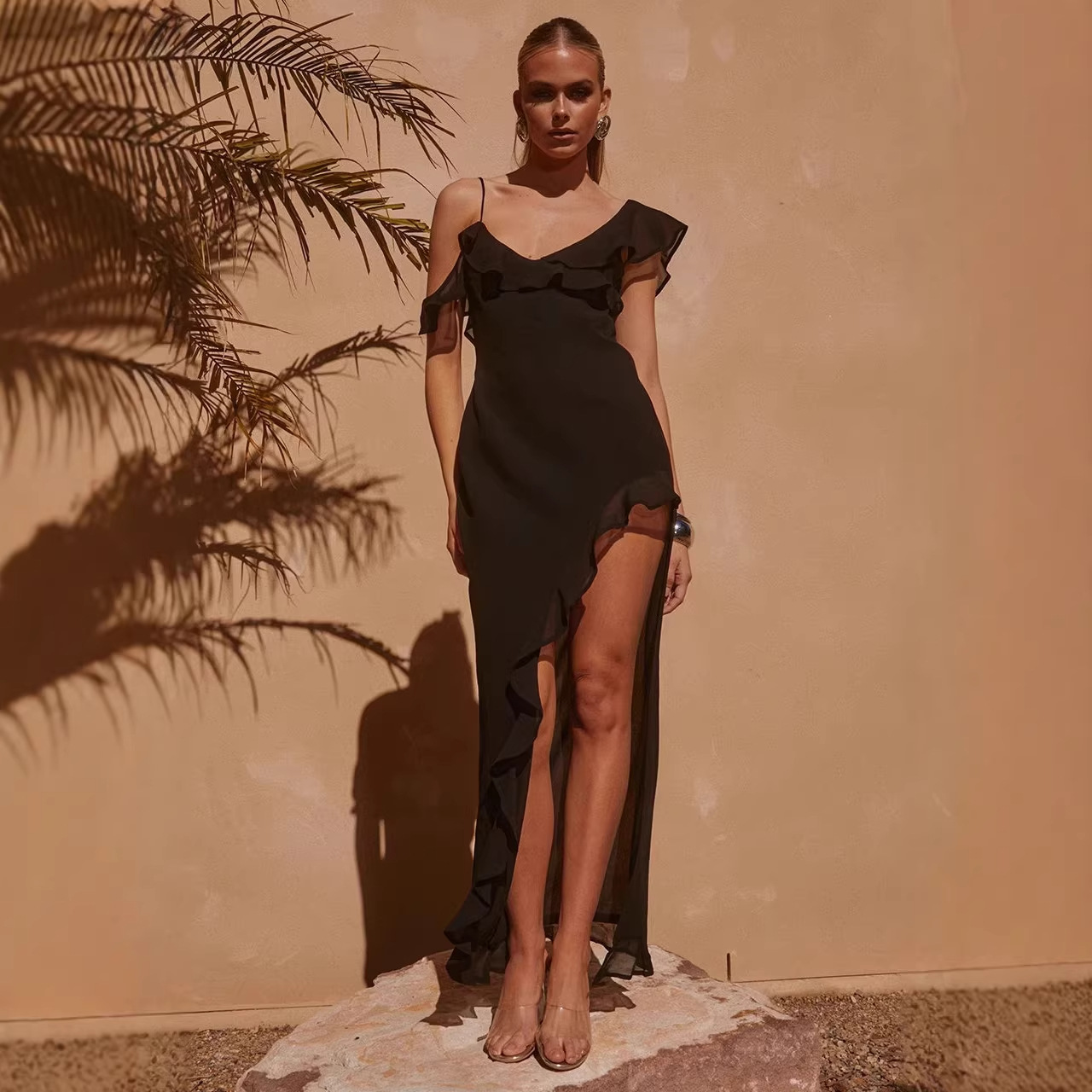 Womens Chiffon Irregular Ruffle-Trim Camisole Dress