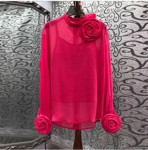 Three dimensional Plate Flower Stand Collar Long Sleeve Slightly See through Thin Two piece Shirt Rose Red - Shop at LoveMi