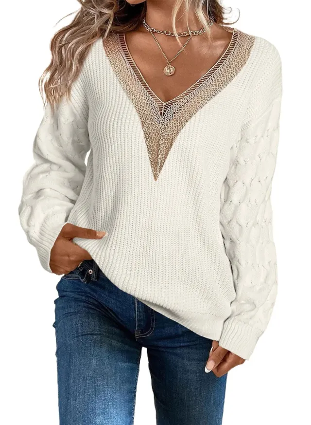 Sexy Lace V neck Knitted Drop shoulder Pullover Sweater Top White - Shop at LoveMi