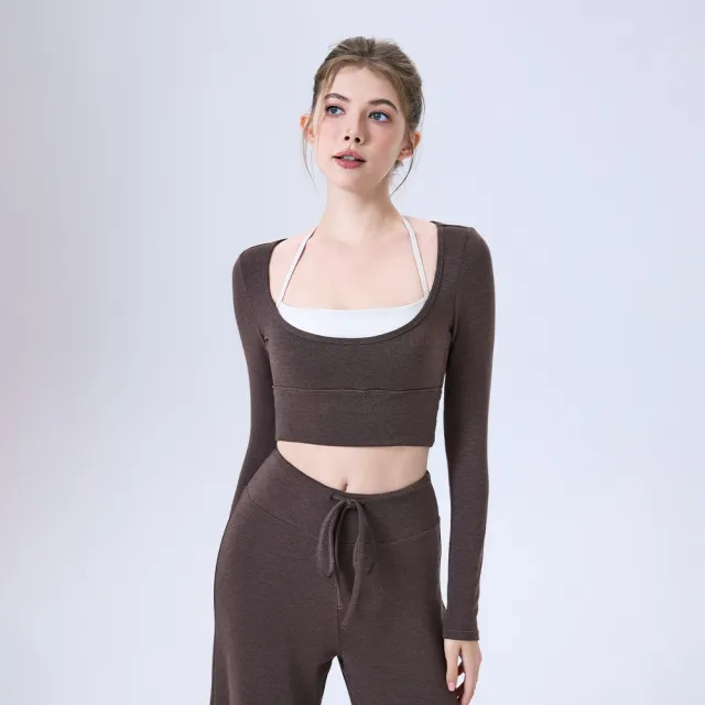 Nude Feel Yoga Clothes Long Sleeve Sports Bra Workout Top Brown - Shop at LoveMi