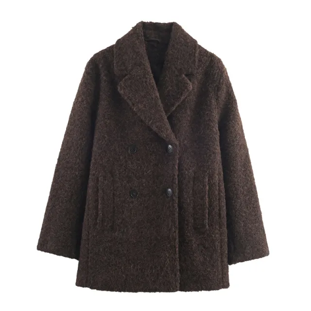 Autumn And Winter Loose Boucle Double breasted Mid length Coat Brown - Shop at LoveMi