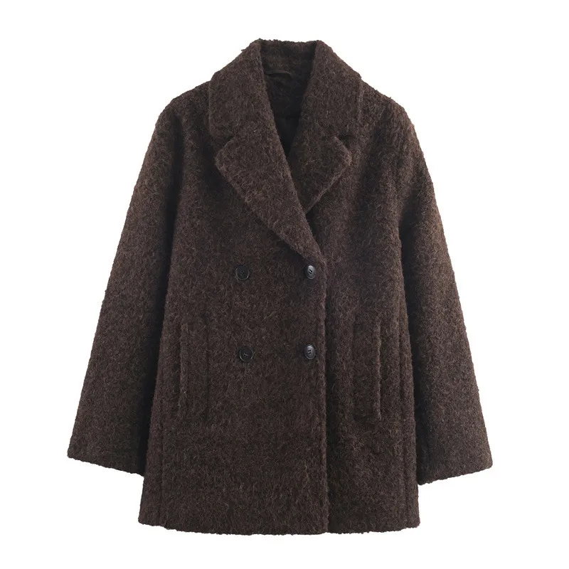 Autumn And Winter Loose Boucle Double-breasted Mid-length Coat - Brown