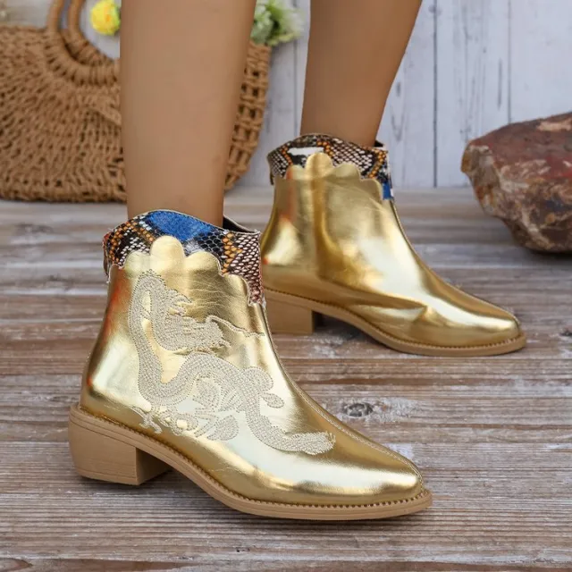 Women's Pointed toe Stitching Embroidered Chunky Heel Chelsea Mid calf Boots Red - Shop at LoveMi