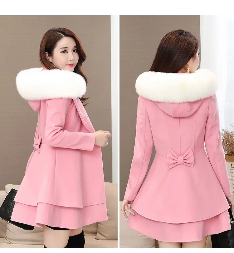 Women's Contrast Color Fur Collar Woolen Coat Plaids And Tweedst Slim Fit - Pink