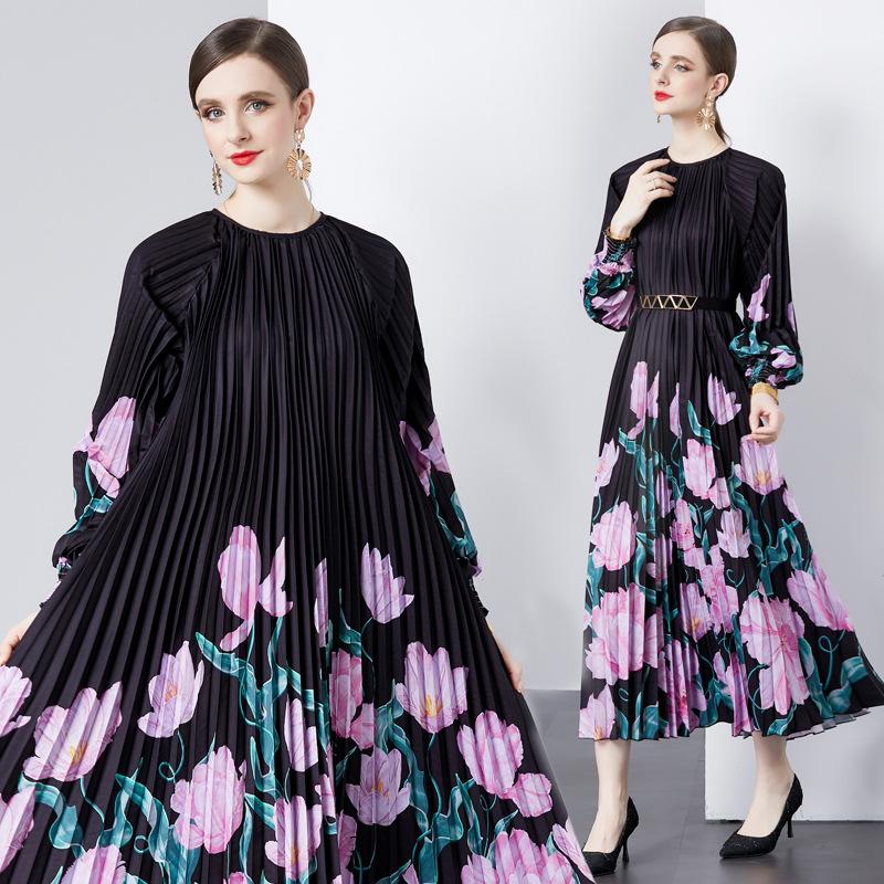 Women's Fashion Vintage Printed Round Neck Long Sleeve Dress - Image 9