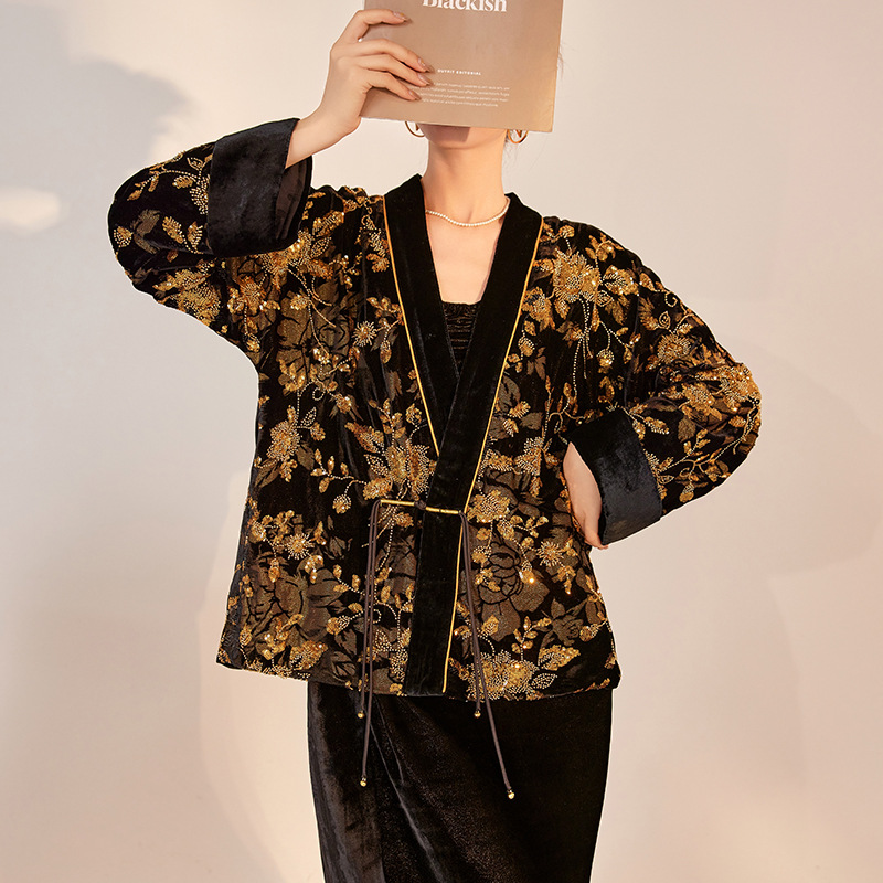 Heavy Industry Burnt Flower Embroidered Beads Cardigan National Style High Class Elegant V-neck Light Luxury Coat