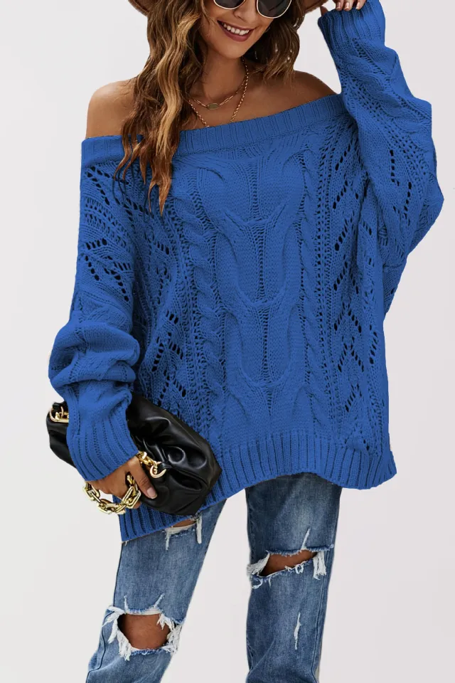 Strapless Plus Size Loose Off Shoulder Solid Color Pullover Sweater Blue - Shop at LoveMi