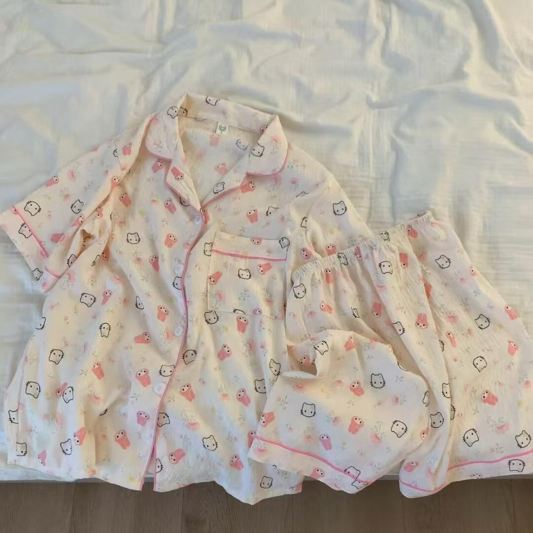 Womens Summer Pajamas Short-Sleeve Top And Shorts Set Cute Lovable Design Perfect For Both Home Wear And Outings