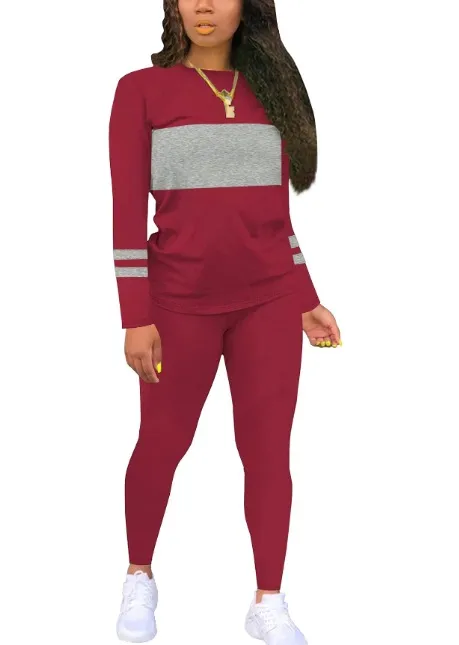 Color Matching Round Neck Long Sleeve Top With Tight Trousers Suit Two piece Set Wine Red - Shop at LoveMi