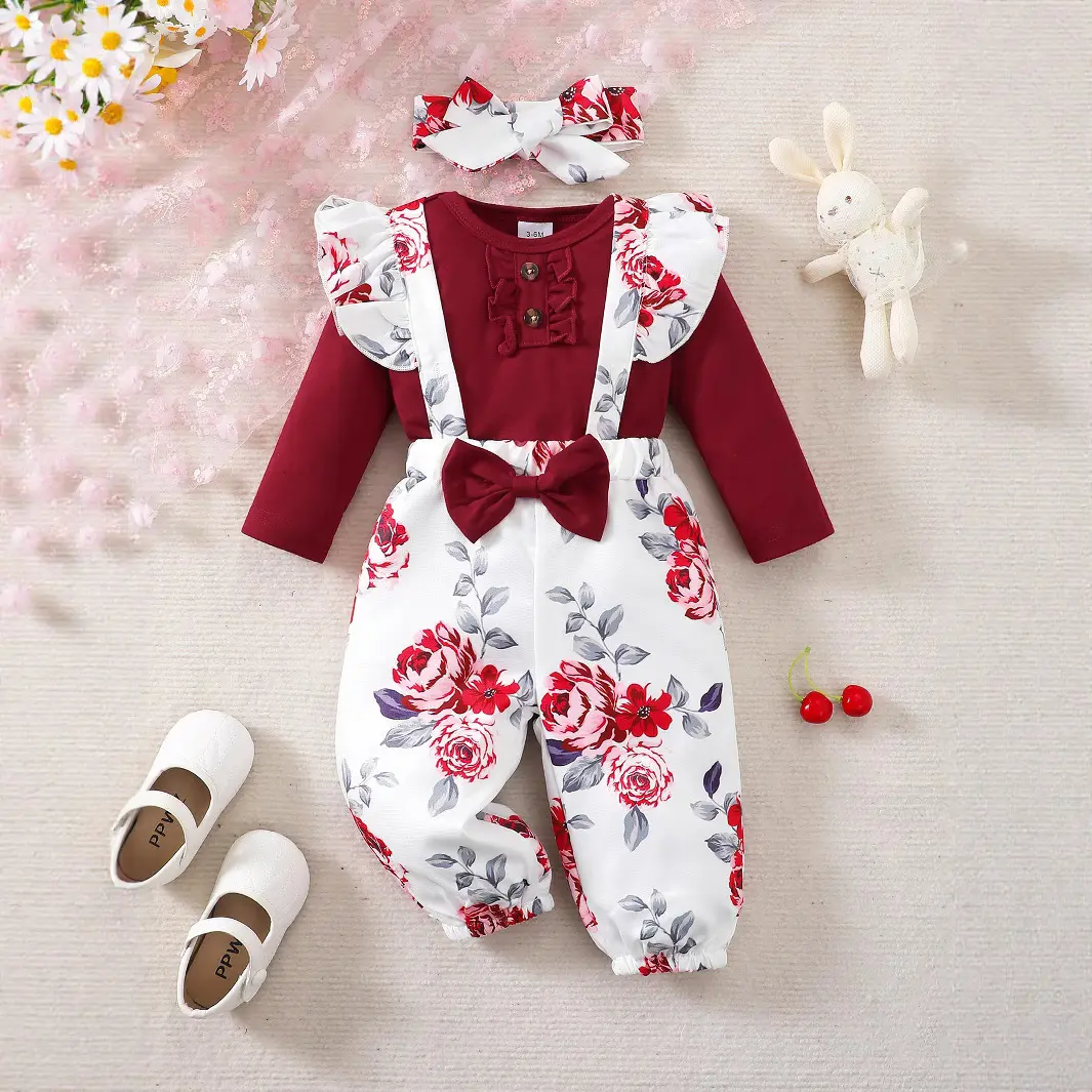 Solid-color Long-sleeve Bodysuit Printed Suspender Trousers Headband