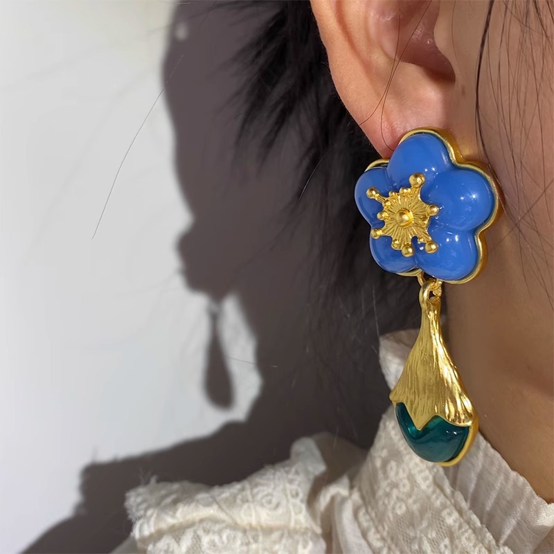 Mid-century Blue Floral Earrings With 925 Silver Posts