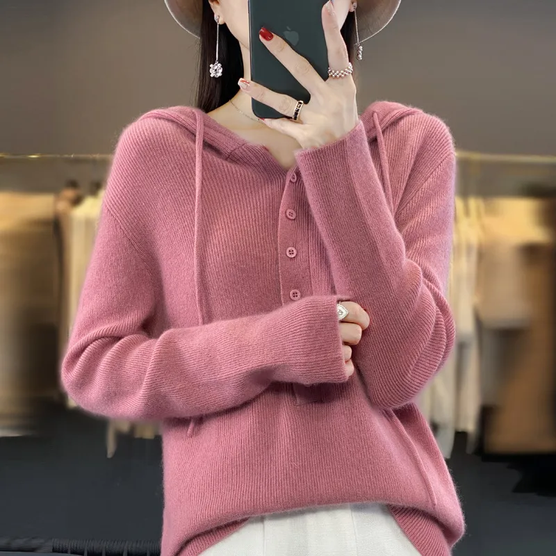 Ladies Hooded Knitted Loose Lazy Wool Coat - Light Pink