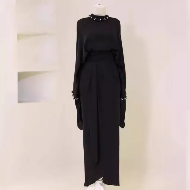 Elegant Batwing Sleeve Top Elegant Waist tight Mid length Dress Set Black - Shop at LoveMi
