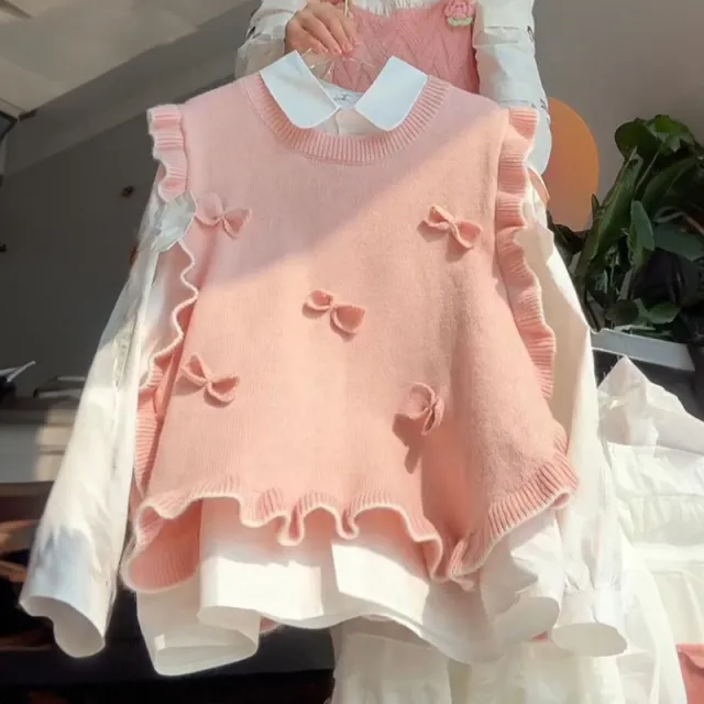 Gentle Three dimensional Flower Round Neck Knitted Women Vest Top Set L - Shop at LoveMi