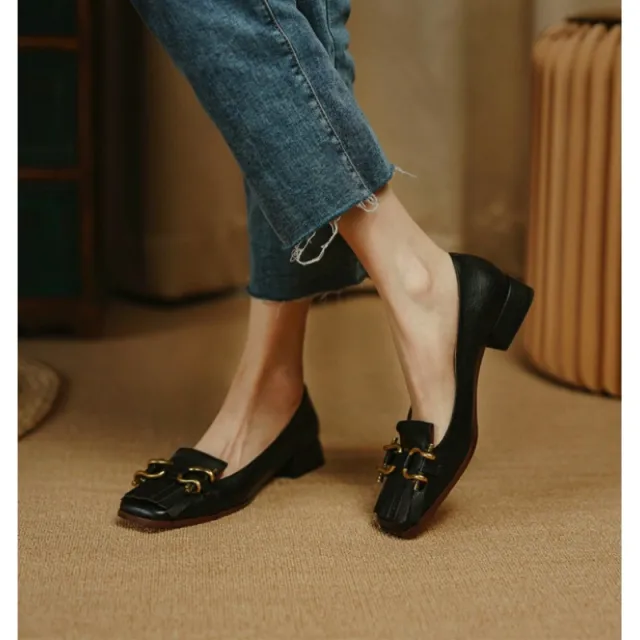 Women's Low Heel Square Toe Fringed Pumps Black - Shop at LoveMi
