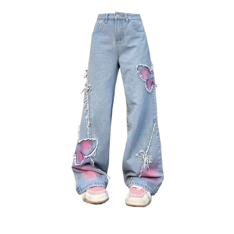 Vintage Butterfly Paste Cloth Embroidery Jeans Straight leg Wide leg Pants Tie Dyed Butterfly - Shop at LoveMi