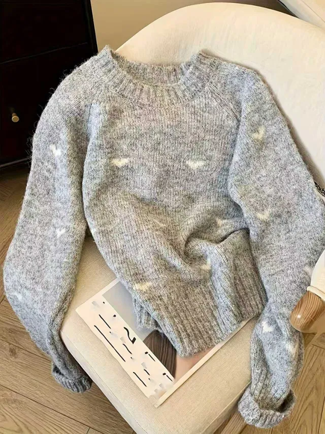 Women's Comfortable Sweater With Heart Pattern Long Sleeved Crew Neck Pullover Gray - Shop at LoveMi