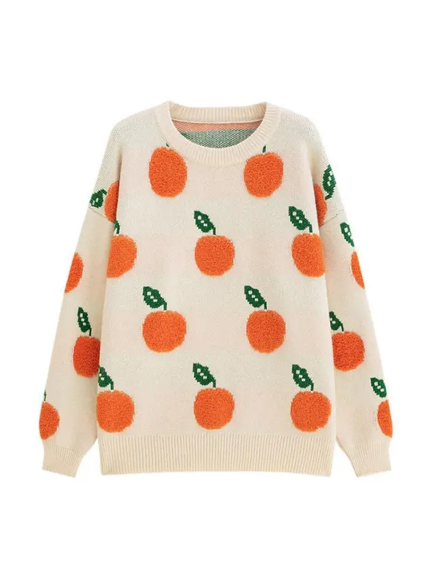 Casual Orange Round Neck Long Sleeve Knitted Pullover White - Shop at LoveMi