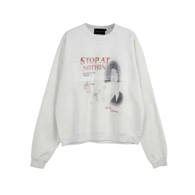 American Street Retro Portrait Printing Pullover Loose Round Neck Sweater Flower Gray - Shop at LoveMi