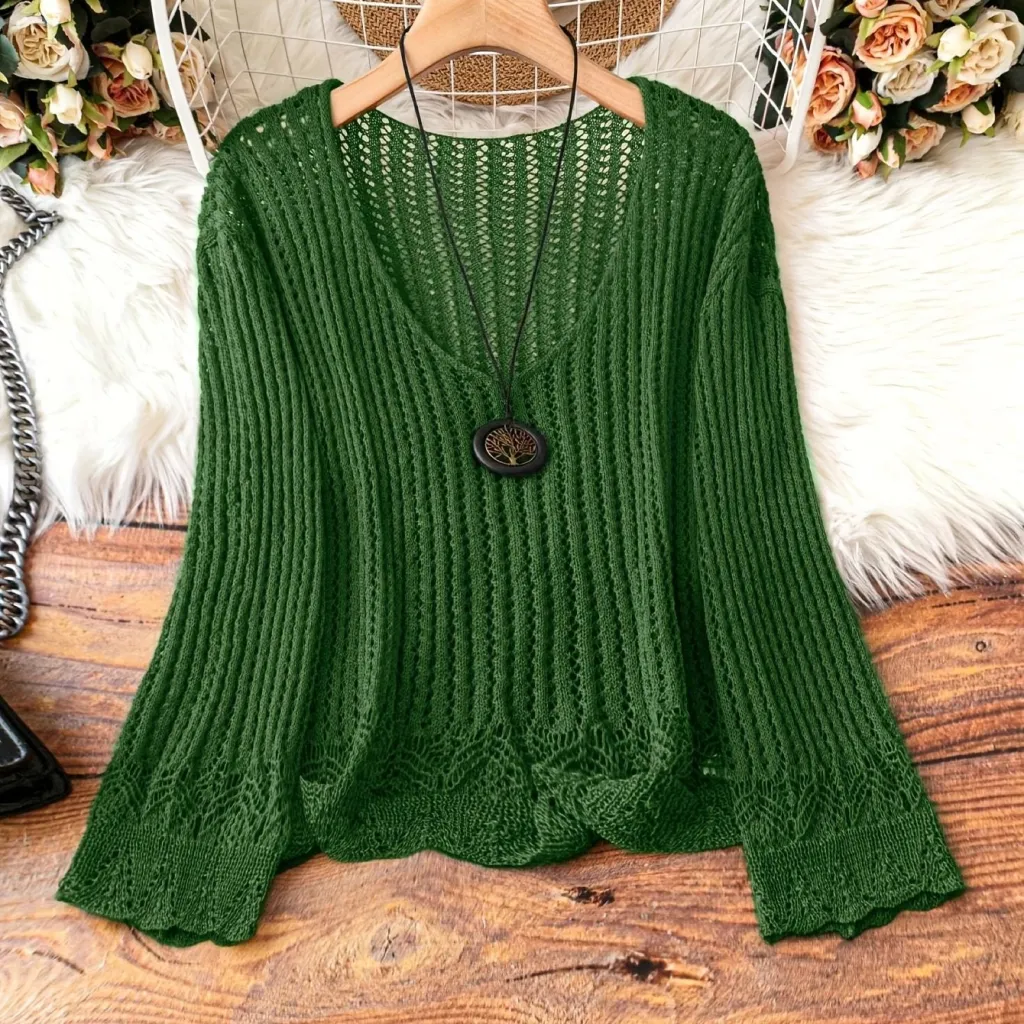 Hollow-out Spring And Summer Long Sleeves Knitted V-neck Plus Size Women's Long-sleeved Sweater - Green