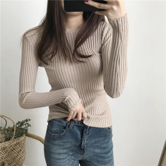 Women's Round Neck Cored Yarn Slimming Knitted Long Sleeve Slim Fit Skinny Warm Sweater Light Camel - Shop at LoveMi