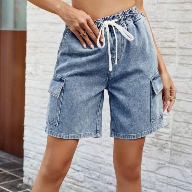 Washed Tied Elastic Waist Five point Denim Shorts Blue - Shop at LoveMi