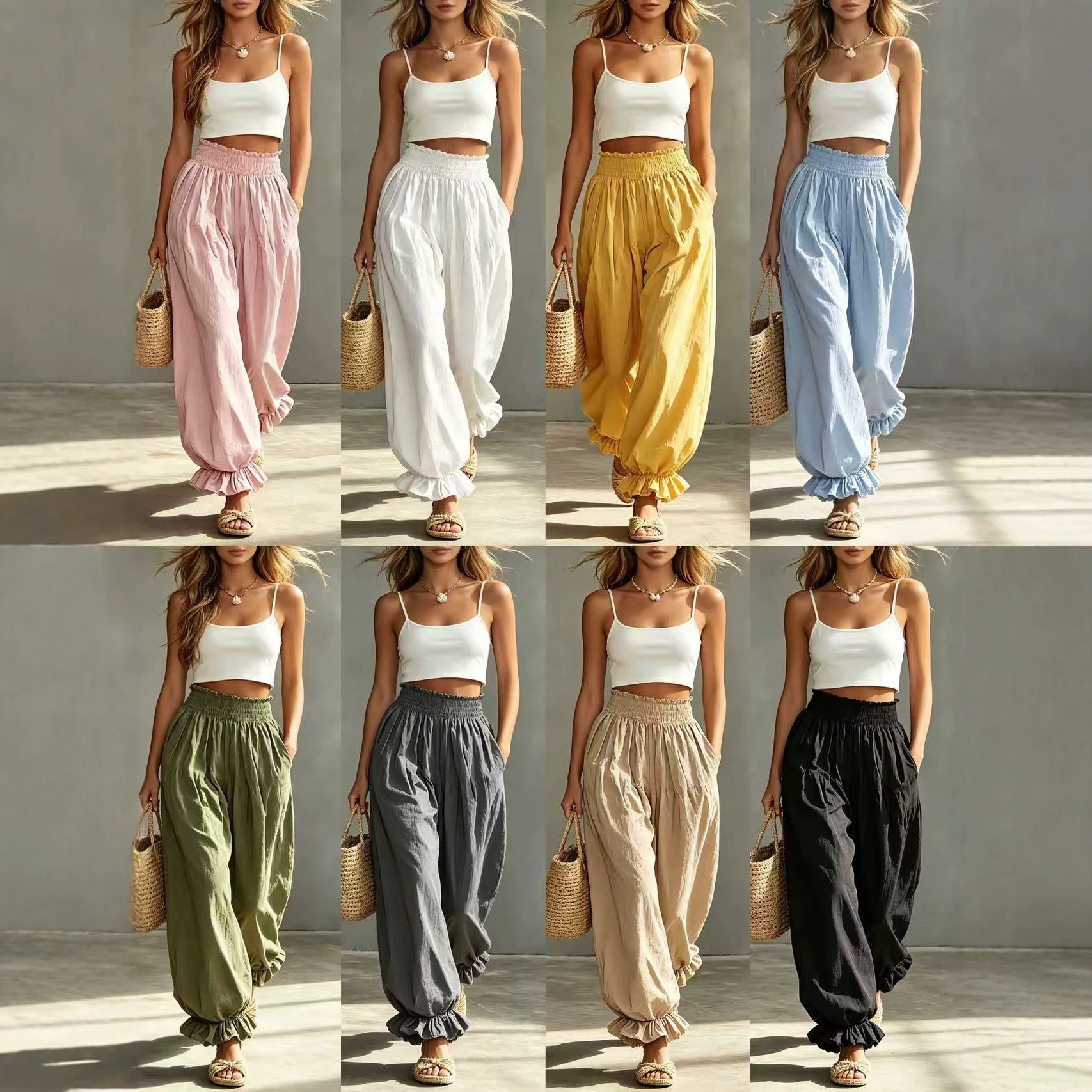 High-waisted Solid-color Casual Summer Flared Pants With Ruffled Hems For Women
